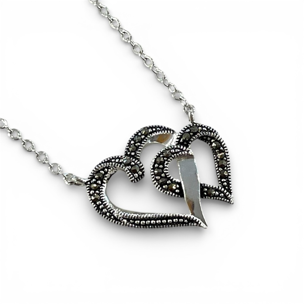Silver Luxuries Marcasite Double Heart Silver Plated Necklace- 18" Long